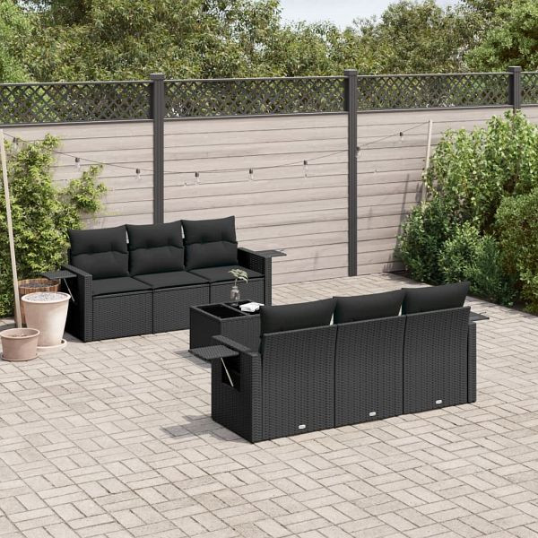 vidaXL 7-teilig Garten-Sofagarnitur mit Kissen Schwarz Poly Rattan, 3252242