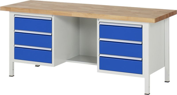 RAU Werkbank Serie 8000 - Gestell-Bauweise (Schweißgestell), Dreifach-Unterbau-Container (6x Schublade, Ablageboden), 2000x840x700 mm, 03-8554A2-207B4S.11