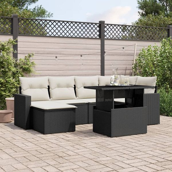 vidaXL 7-teilig Garten-Sofagarnitur mit Kissen Schwarz Poly Rattan, 3267416