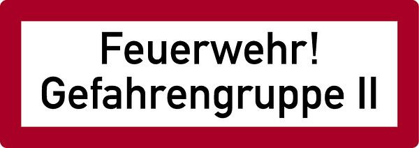 Schilder Klar Brandschutzzeichen Feuerwehr! Gefahrengruppe II, 297x105x0.45 mm Aluminium geprägt, 159/34