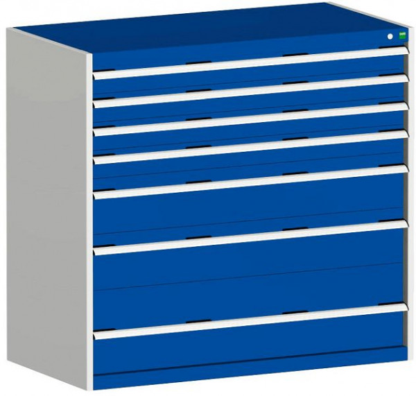 bott cubio Schubladenschrank bestückt mit 7 Schwerlastschubladen BxTxH: 1300 x 750 x 1200 mm, RAL 7035/5010, 40030074.11V