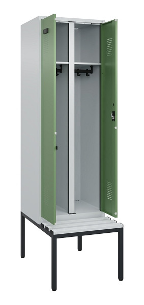 C+P Schwarz-Weiß-Spind Evolo PLUS, Bank, 2 Abteile, 2120x600x815mm, 7035/6011, Zylinderschloss, Sitzfläche Kunststoff, Sitzbank, 0490527-20 S10091