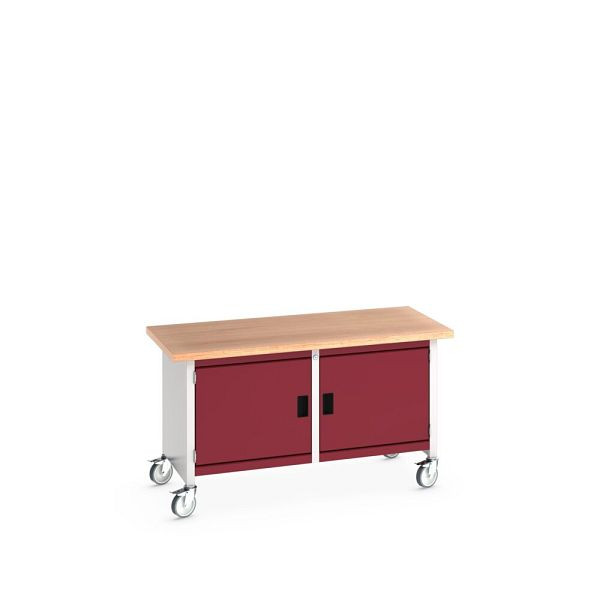 bott cubio Kastenwerkbank mobil, 2 Türen, 2 Ablagen, Multiplex-Arbeitsplatte, BxTxH: 1500x750x840mm, RAL 7035/3004, Purpurrot, 41002097.24V