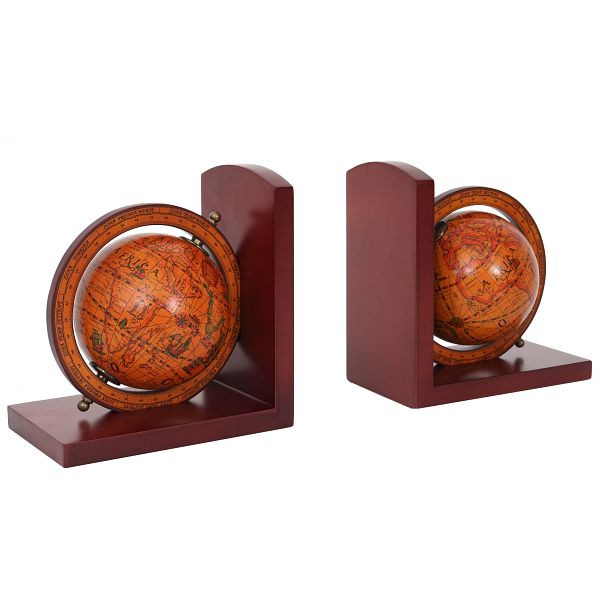 Mendler 2er-Set Buchstützen HWC-B79, Bücherstütze Globus Weltkugel, braun, 64526