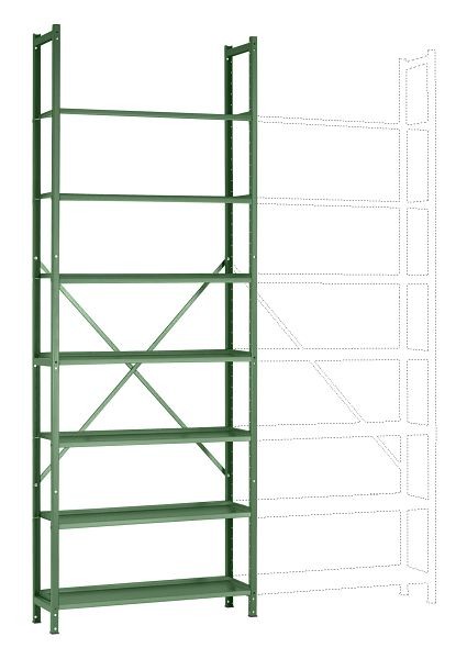 Manuflex Büro-Steck-Grundregal mit 7 pulverbeschichteten Stahlböden, HxBxT = 2600 x 960 x 300 mm, resedagrün, RA3171.6011