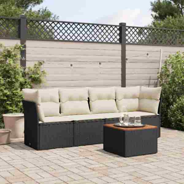 vidaXL 5-tlg. Garten-Sofagarnitur mit Kissen Schwarz Poly Rattan, UV-beständig, 3255804