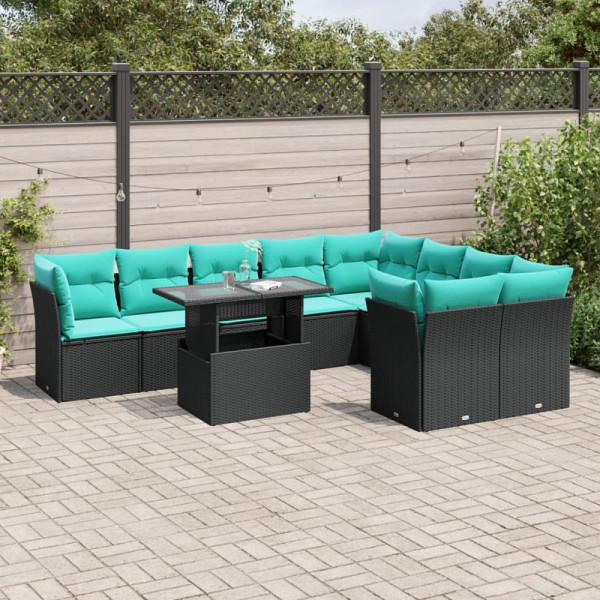 vidaXL 10-teiliges Gartensofa-Set mit Kissen, schwarzes Polyrattan, 3266837