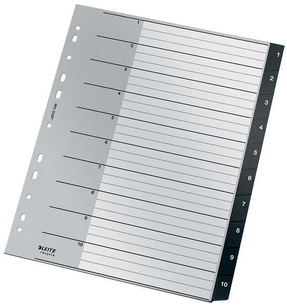 LEITZ 1208 Ordnerregister Recycle, 1-10, A4 extra breit, PP, 10 Blatt, schwarz, 1208-00-00