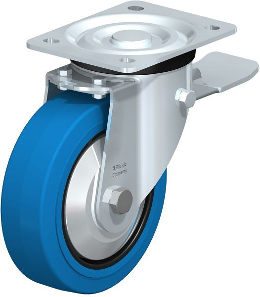 Blickle L-POEV 160R-ST-SB Stahlblech-Lenkrolle, mittelschwere Ausführung, mit Anschraubplatte & Feststeller, Elastik-Vollgummi, Blau, 749370