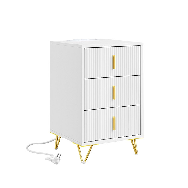 SoBuy Weißer Nachttisch mit 3 Schubladen, Beistelltisch mit integrierter Ladestation, aus MDF, 40×40×64 cm, Tragkraft 27 kg, FBT115-L-E-W
