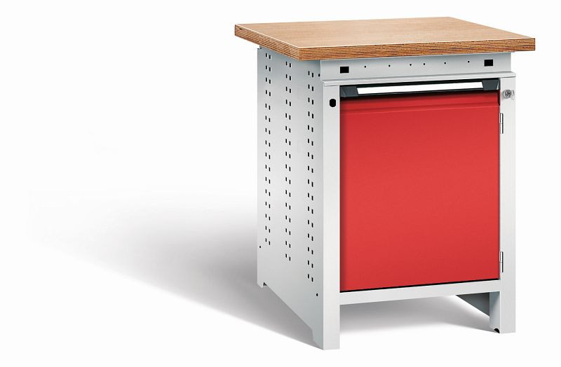 Otto Kind Werkbank Serie function Typ 104, Multiplexplatte 40 mm, überstehend, 1Tür 570 mm, 1 Ablageboden, Gehäuse RAL 7035, Front RAL 3000, 072321234
