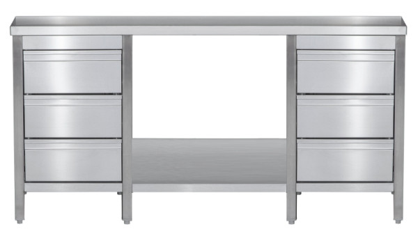 A&S Gastro Edelstahl Arbeitstisch mit Schubladenblock links & rechts verschweißt, Tiefe 600mm, mit Grundboden, AISI 304, 2900 x 600 x 850 mm, ARTGSLR296