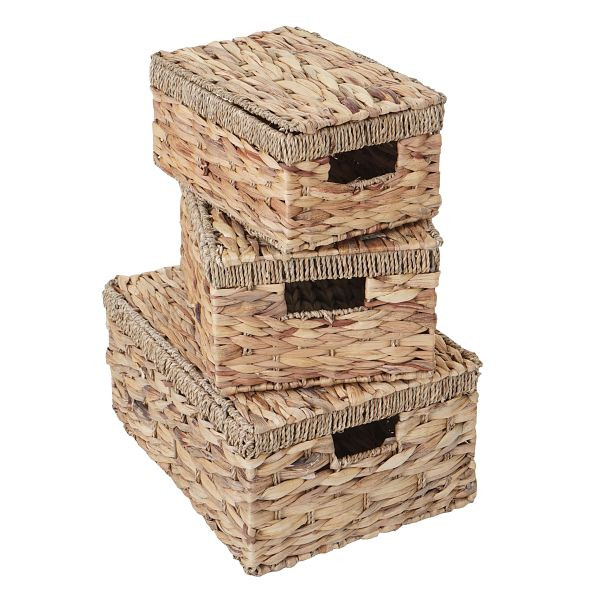 Mendler 3er Set Aufbewahrungsbox HWC-C23, Truhe Kiste Box mit Deckel, Wasserhyazinthe naturfarben, 61209