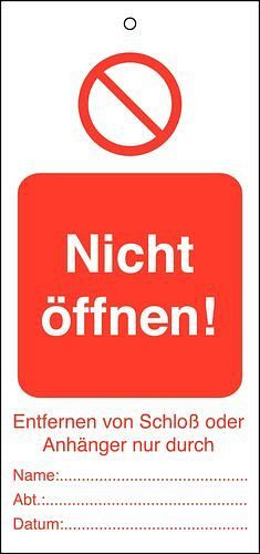 DENIOS Anhänger für Warnhinweis "Nicht öffnen", 10ner Satz, inkl. Kabelbinder, 209704