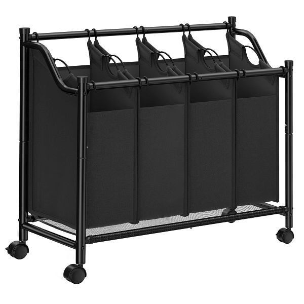 SONGMICS Rollender Wäschesortierer, Wäschekorb mit 4 abnehmbaren Taschen, Wäschekorb, Wäschewagen für Waschraum, Bad, 4 x 35L, schwarzer, LSF005