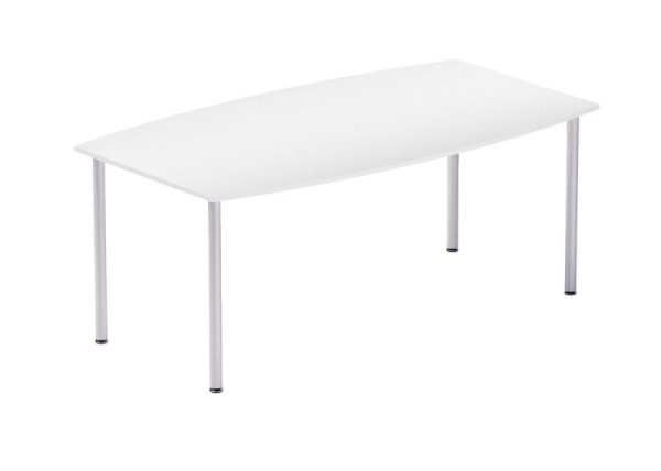 Deskin Konferenztisch MODUL, Bootsform, Platte Dekor Weiß, Rundfuß Alusilber RAL 9006, B 1800 x T 800/1000 x H 745 mm, 279304