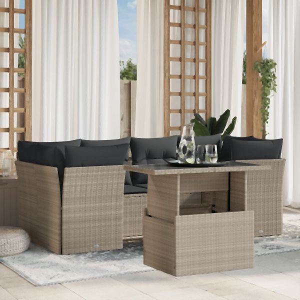 vidaXL 7-tlg. Garten-Sofagarnitur mit Kissen Hellgrau Poly Rattan, 3266382