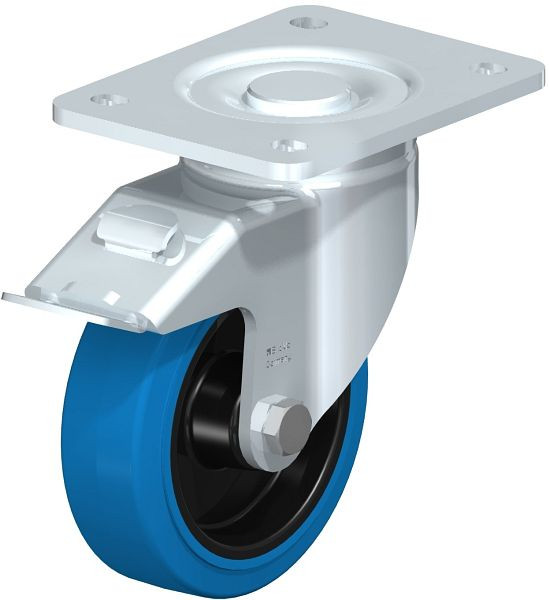 Blickle LH-POEV 125XR-3-FI-SB Stahlblech-Lenkrolle, Schwerlast-Ausführung, mit Anschraubplatte & Feststeller, Elastik-Vollgummi, Blau, 851791