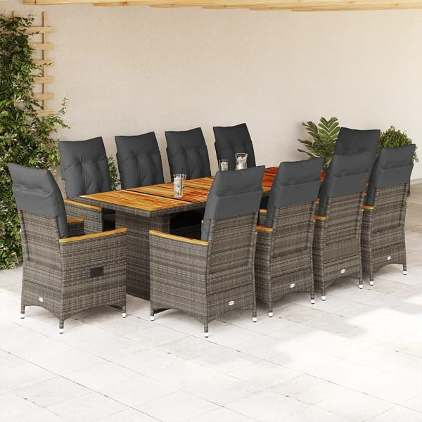 vidaXL 11-teilig Garten-Bistro-Set mit Kissen Grau Poly Rattan, 3277270
