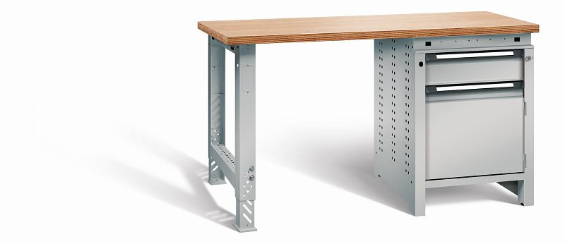 Otto Kind Werkbank function Typ 204, überstehende Multiplex-Arbeitsplatte, 1 Fußgestell, 1 Unterbau, komplett RAL 9006, 072190096