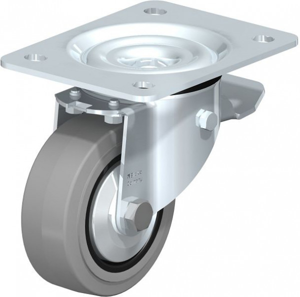 Blickle LK-POEV 100XR-3-ST-SG-FA Stahlblech-Lenkrolle, schwere Ausführung, mit Anschraubplatte & Feststeller, Elastik-Vollgummi, Grau, 850989