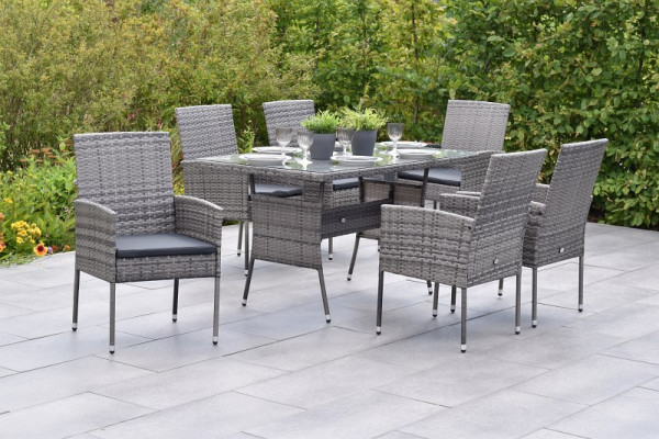 Merxx Gran Canaria Set 13-teilig, 6x Sessel inkl. Sitzkissen, 1 Tisch, 140 x 80 cm, Glasplatte, graues Geflecht, graue Kissen, 45150-209