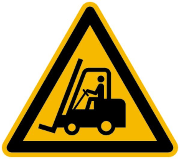 Schilder Klar Warnzeichen Warnung vor Flurförderfahrzeugen DIN EN ISO 7010-W014, 200x0.45 mm Aluminium geprägt, 1506/52