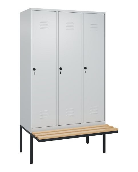 C+P Umkleidespind Classic PLUS, 3 Abteile, 2120x1200x815mm, 7035/7035, Drehriegel, Buche-Sitzleisten, 0800407-32 S10009