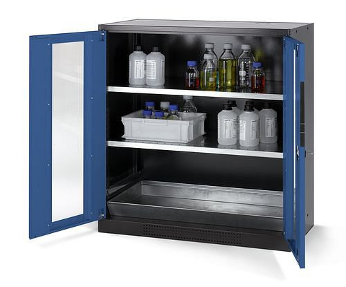 asecos Chemikalienschrank Systema CS-102G, Korpus anthrazit, blau, 2 Einlegeböden und Bodenwanne, 202673