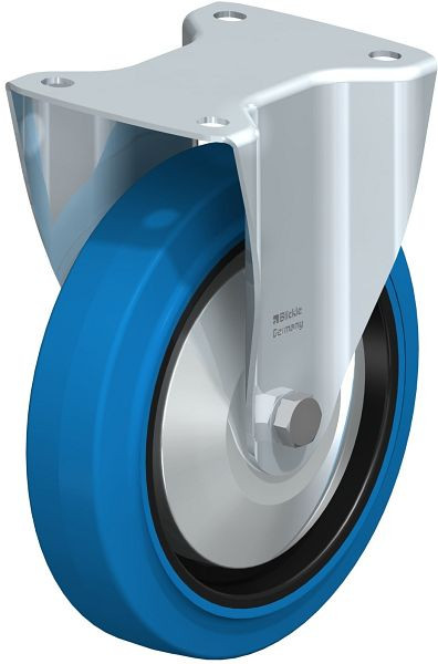 Blickle B-POEV 200KD-SB-FA Stahlblech-Bockrolle, mittelschwere Ausführung, mit Anschraubplatte, Elastik-Vollgummi, Blau, 749088