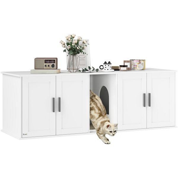 PawHut Katzenklo-Schrank Katzenhaus mit Tür Trennwand Katzentoilette für große Katzen 145 x 49 x 51 cm Weiß, D31-117V90WT