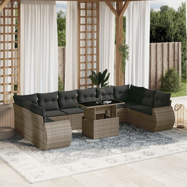 vidaXL 11-teilig Garten-Sofagarnitur mit Kissen Grau Poly Rattan, 3268780