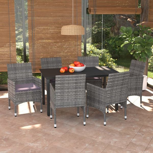 vidaXL 7-tlg. Garten-Essgruppe mit Kissen Poly Rattan Grau, 3094982