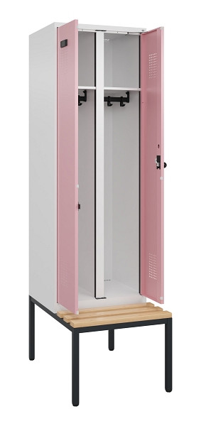 C+P Schwarz-Weiß-Spind Evolo PLUS, Bank, 2 Abteile, 2120x600x815mm, 9016/3015, Drehriegel, Sitzfläche Buche-Hartholz, Sitzbank, 0490527-20 S10018