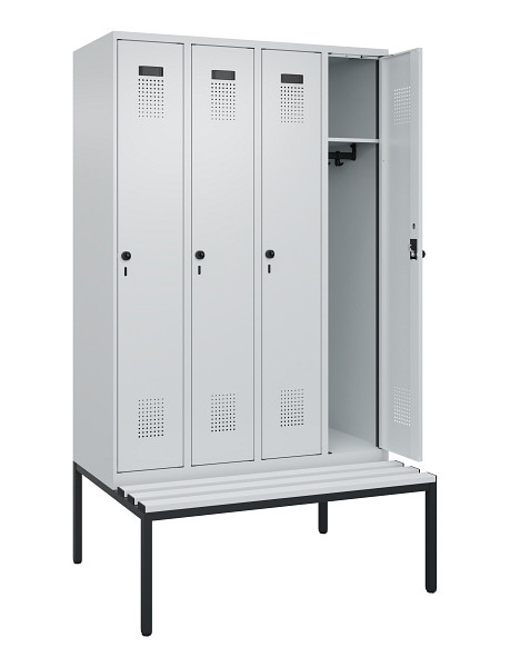 C+P Spind Evolo PLUS, 4 Abteile, 2120x1200x815mm, 7035/7035, Haken 3, Drehriegel, Sitzfläche Kunststoff, Sitzbank, 0490507-40 S10067