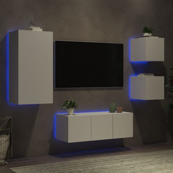 vidaXL 5-teilig Wohnwand mit LED-Beleuchtung Weiß Holzwerkstoff, 3216825
