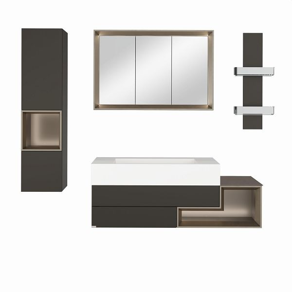 Hülsta Badezimmer-Kombination, bestehend aus Korpus-Waschtisch, Spiegelschrank, Hängeschrank, Systemregal, Lack-grau, TEB1985011_ZUB