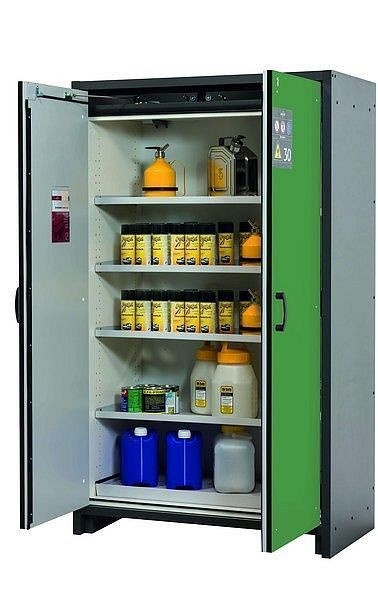 asecos Sicherheitsschrank Q-CLASSIC-30, Q30.195.116 in resedagrün RAL 6011 mit 4x Fachboden (Stahlblech), 31003-068-30004