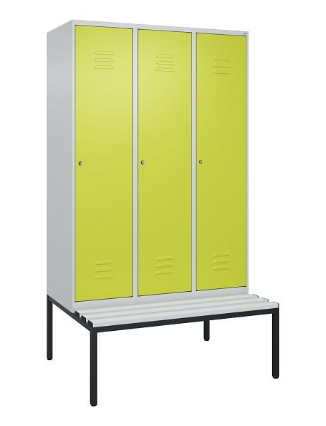 C+P Umkleidespind Classic PLUS, mit untergebauter Sitzbank, 3 Abteile, 2120x1200x815mm, 7035/0024, Zylinderschlösser, 0800507-32 S10025