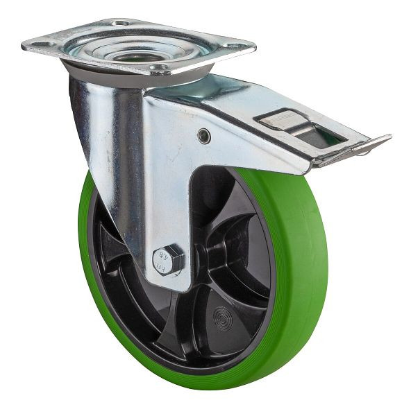 BS Rollen Transportrolle Lenkrolle mit Festeller, thermoplastisches Gummirad, Reifen grün, Felge schwarz, Rollenlager, Platte, 200 mm, L420.B44.201.04