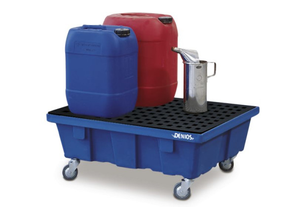 DENIOS Fahrbare Kleingebindewanne aus Polyethylen (PE), 60 Liter Auffangvolumen, mit Gitterrost, 328346