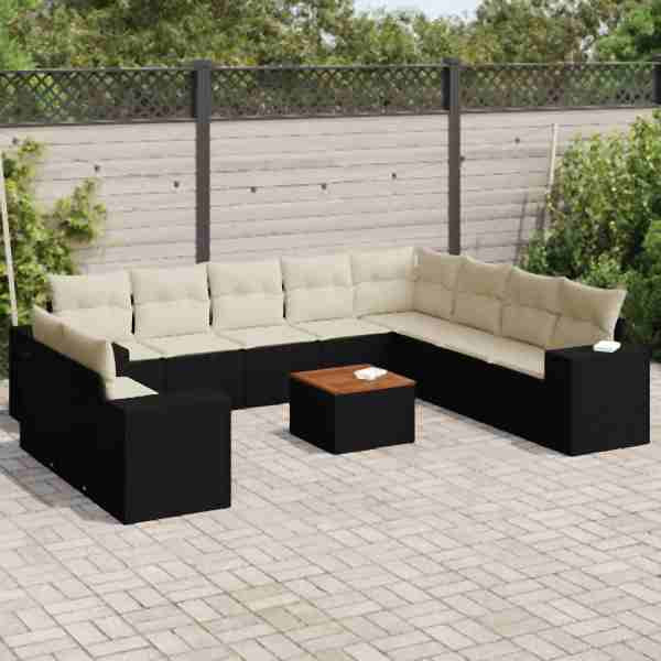 vidaXL 11-tlg. Garten-Sofagarnitur mit Kissen Schwarz Poly Rattan, UV-beständig, 3225517