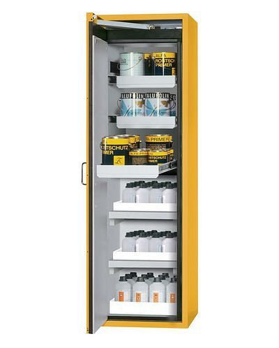 asecos Feuerbeständiger Gefahrstoffschrank Edition mit Auszügen und Wannenböden, gelb, B 596 mm, 224702