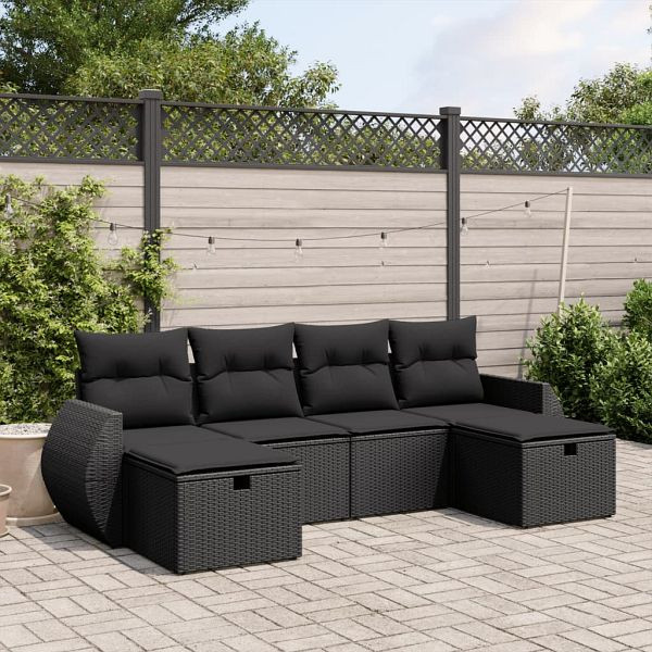 vidaXL 6-teilig Garten-Sofagarnitur mit Kissen Schwarz Poly Rattan, 3264161