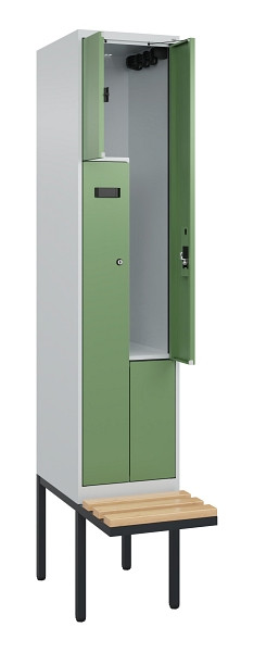 C+P Z-Spind Evolo PLUS, Bank, 2 Fächer, 2120x400x815mm, 7035/6011, Zylinderschloss, Sitzfläche Holz, 0490437-122 S10033
