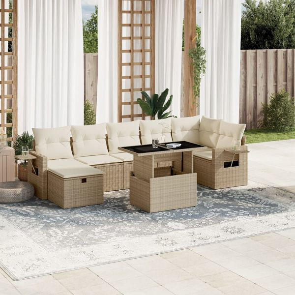vidaXL 8-tlg. Garten-Sofagarnitur mit Kissen Beige Poly Rattan, 3274988