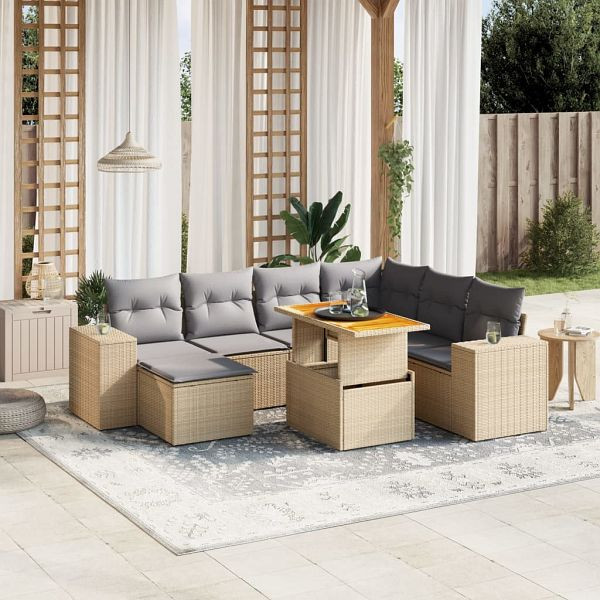 vidaXL 8-teilig Garten-Sofagarnitur mit Kissen Beige Poly Rattan, 3272753