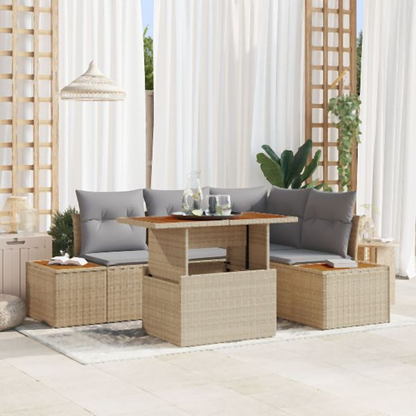 vidaXL Garten-Sofa-Set 5 Teile Beige und Grau Rattan und Polyesterkissen, 3350067