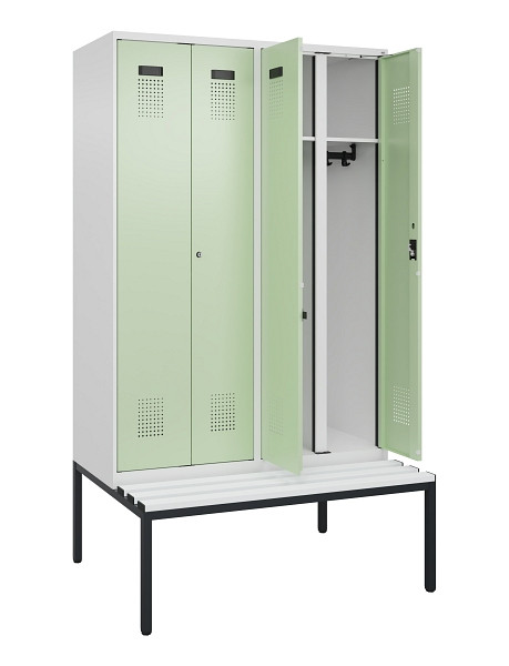 C+P Schwarz-Weiß-Spind Evolo PLUS, Bank, 4 Abteile, 2120x1200x815mm, 9016/6019, Zylinderschloss, Sitzfläche Kunststoff, Sitzbank, 0490527-40 S10099
