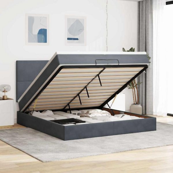 vidaXL Ottoman-Bett mit Matratzen & LEDs Dunkelgrau 200x200 cm Samt, 3314271